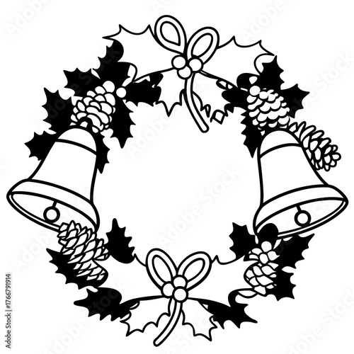 An elaborate line art wreath composed of intertwined Christmas elements like bells, holly, and pine cones, on white