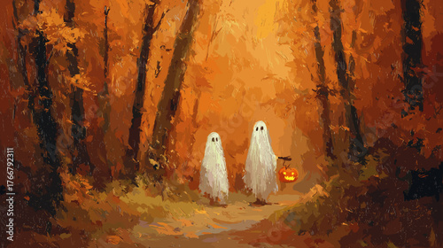 Two Little Ghosts on an Autumn Forest Path Halloween mood aquarel style vector image