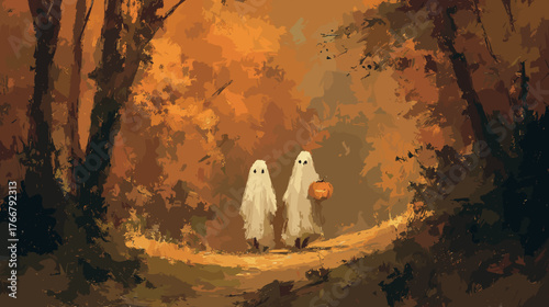 Two Little Ghosts on an Autumn Forest Path Halloween mood aquarel style vector image