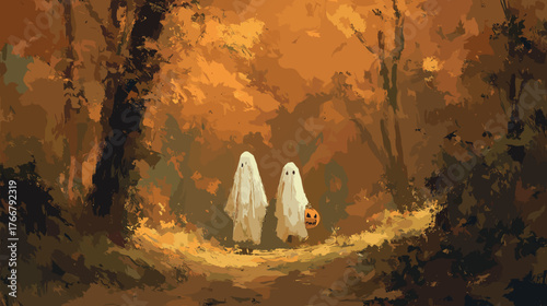 Two Little Ghosts on an Autumn Forest Path Halloween mood aquarel style vector image