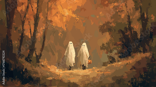 Two Little Ghosts on an Autumn Forest Path Halloween mood aquarel style vector image