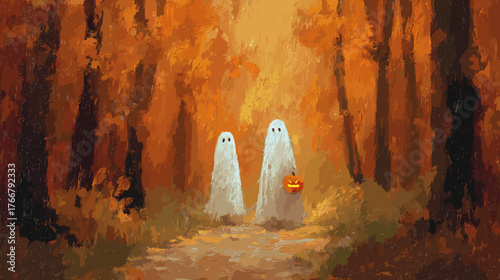 Two Little Ghosts on an Autumn Forest Path Halloween mood aquarel style vector image