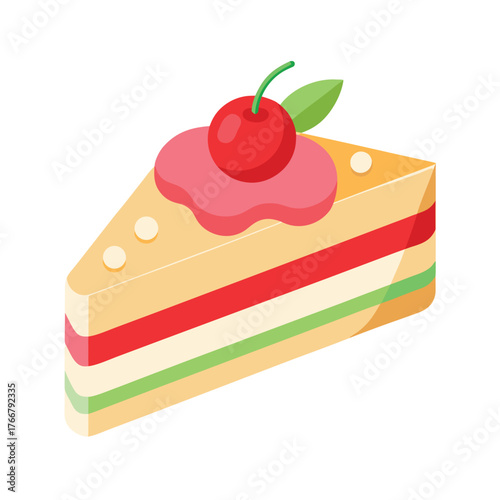 Flat Vector of Fruit Cake Slice with Icing and Cherries for Christmas, Holiday, and Festive Celebration