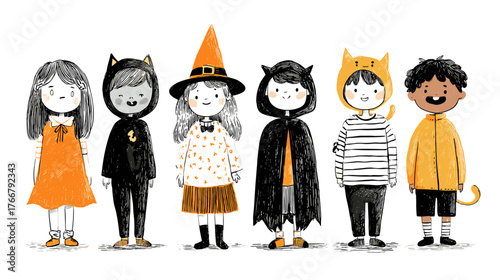set od Cute Children in Halloween Costumes  vector doodle style 