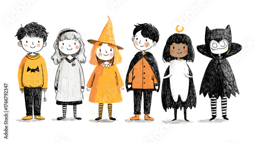 set od Cute Children in Halloween Costumes  vector doodle style 