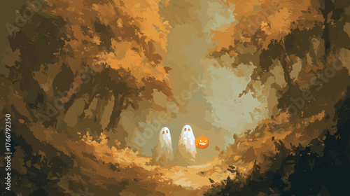 Two Little Ghosts on an Autumn Forest Path
