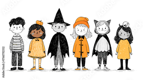 set od Cute Children in Halloween Costumes  vector doodle style 