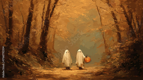 Two Little Ghosts on an Autumn Forest Path