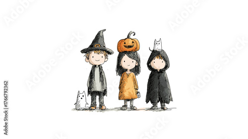 set od Cute Children in Halloween Costumes  vector doodle style 