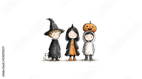 set od Cute Children in Halloween Costumes  vector doodle style 