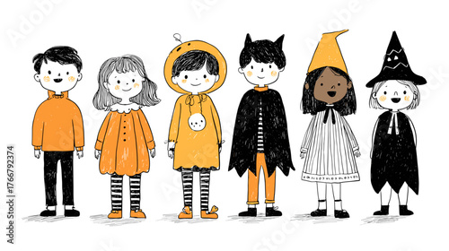 set od Cute Children in Halloween Costumes  vector doodle style 