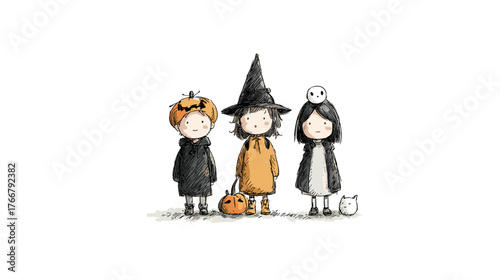 set od Cute Children in Halloween Costumes  vector doodle style 
