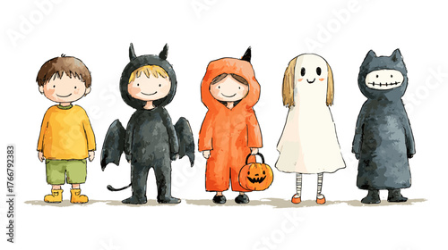 set od Cute Children in Halloween Costumes  vector doodle style 