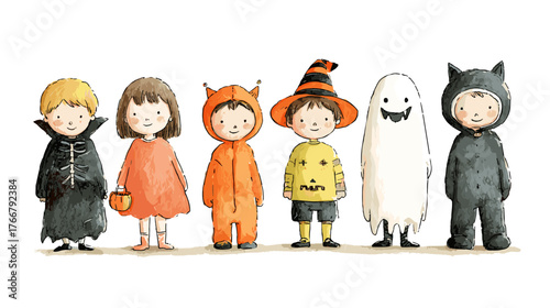 set od Cute Children in Halloween Costumes  vector doodle style 