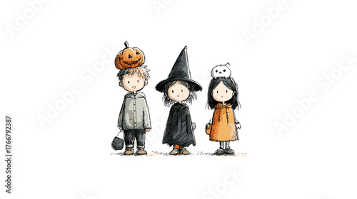 set od Cute Children in Halloween Costumes  vector doodle style 