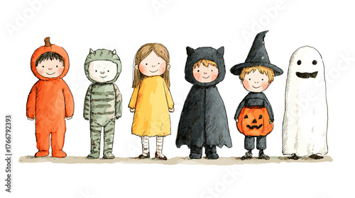set od Cute Children in Halloween Costumes  vector doodle style 