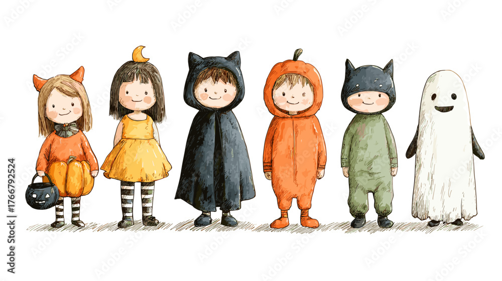 Obraz premium set od Cute Children in Halloween Costumes vector doodle style