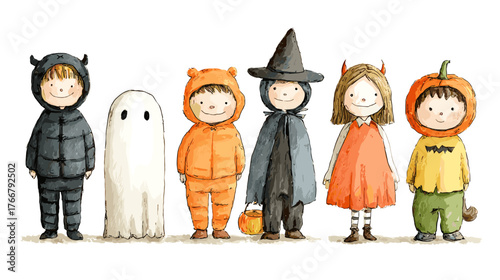 set od Cute Children in Halloween Costumes  vector doodle style 