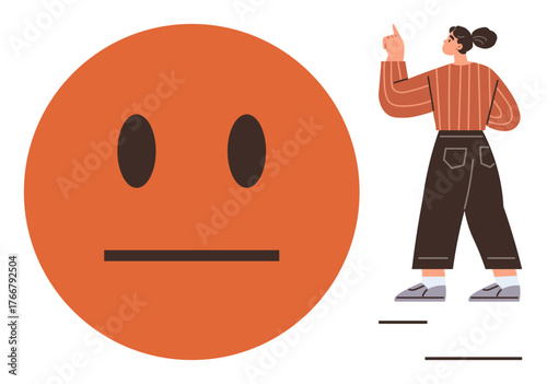 Woman pointing at a large neutral face emotion, exploring emotional tone, human connection, and dialogue. Ideal for emotion, feedback, opinion, communication, psychology relationships simple flat
