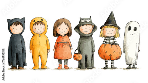 set od Cute Children in Halloween Costumes  vector doodle style 