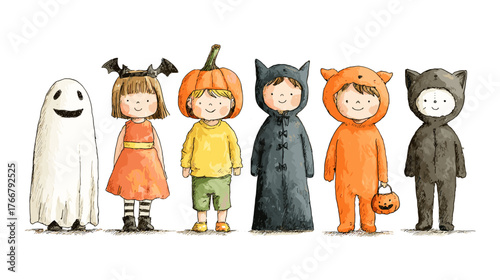 set od Cute Children in Halloween Costumes  vector doodle style 