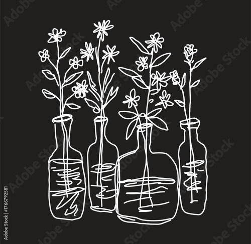 set vector of flowers on a bottle simple outline handdrawing element design.eps
