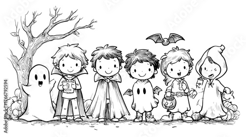 Little Friends Enjoying a Halloween Party doodle style 