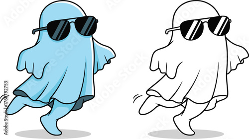Cool ghost wearing sunglasses dancing happily — fun Halloween cartoon character in colored and coloring page style for kids festive printable illustration