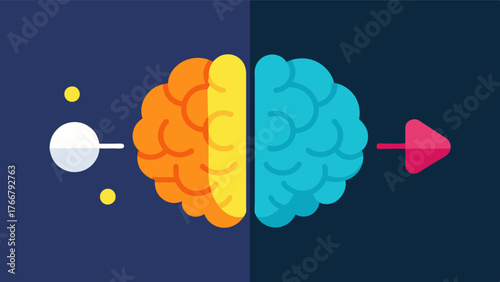 A before and after illustration of a persons brain with the before being dull and grey and the after showing vibrant colors and bright light symbolizing the positive effects of. Vector illustration