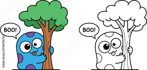 Cute blue monster saying boo while hiding behind a tree — funny cartoon character for kids coloring page and playful Halloween or woodland printable illustration