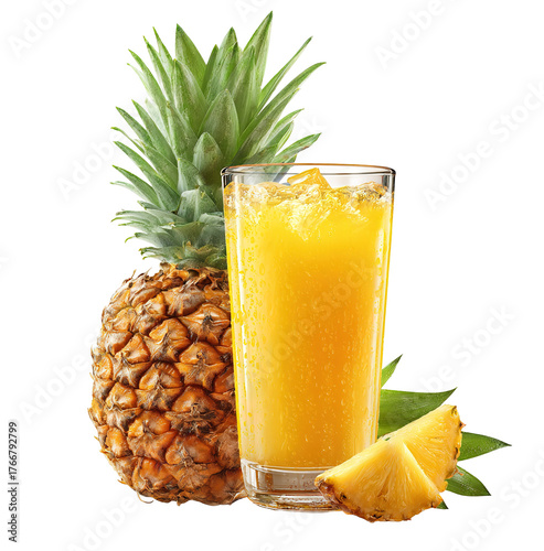 fresh pineapple juice with ice cubes, surrounded by ripe pineapple slices