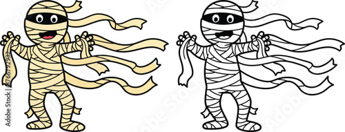 Cute mummy character with flowing bandages cartoon illustration for Halloween costume and kids coloring page