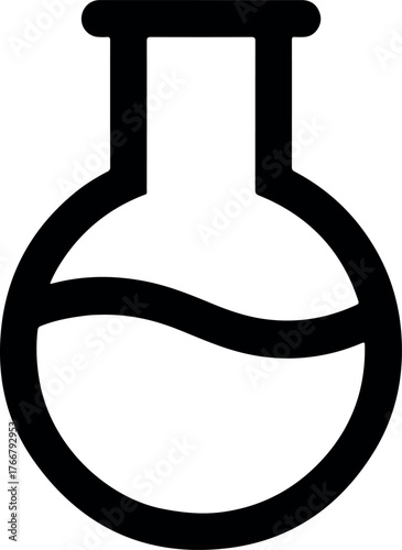 Simple black and white line art icon of a round bottom laboratory flask containing a liquid