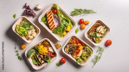 Modern eco friendly food delivery containers with balanced healthy meals, fresh salads and grilled vegetables, arranged on clean light background