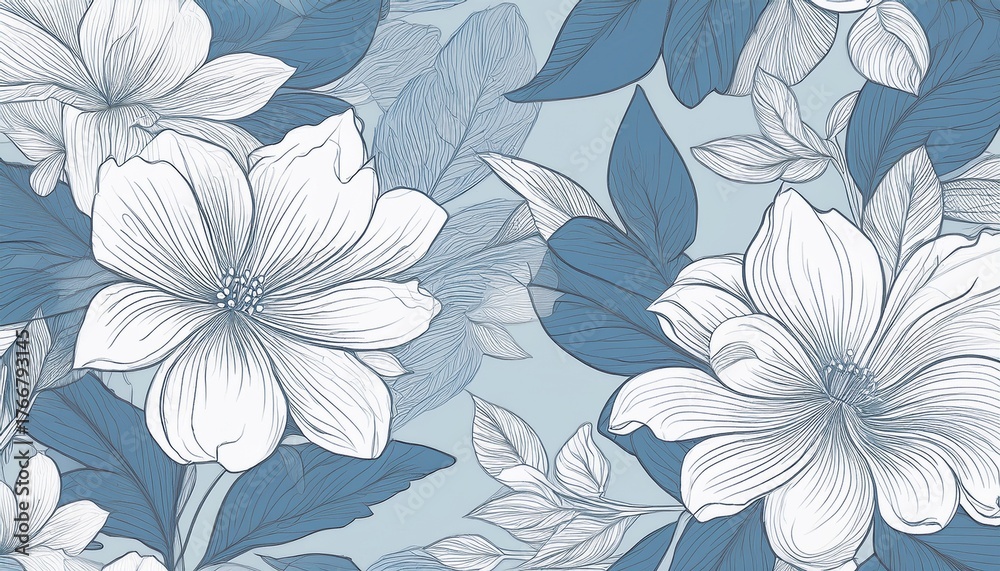 Fototapeta premium delicate floral outline seamless pattern abstract botanical print in soft blue white for fabric design