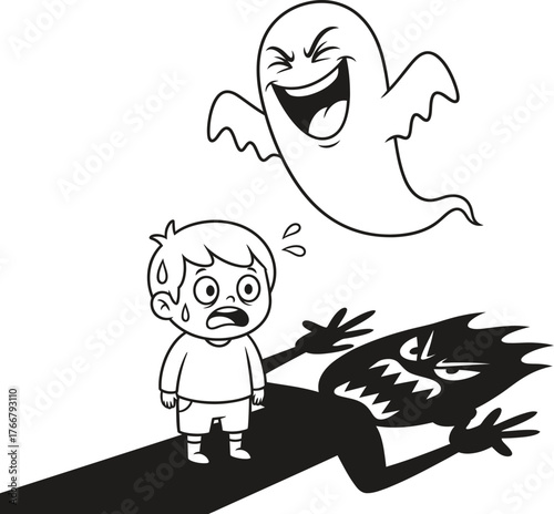 Scared little boy seeing scary ghost and monster shadow cartoon illustration fear imagination concept