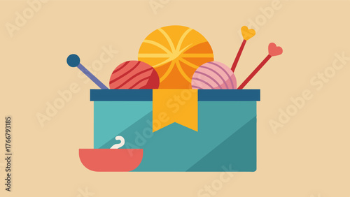A box filled with knitting needles yarn and completed projects symbolizing a persons passion for crafting and the memories of the cozy items they made for themselves and others.. Vector illustration