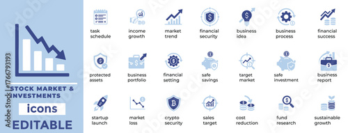 Clean stock market and investment icons for finance, fintech, and trading projects fully editable modern vector set.