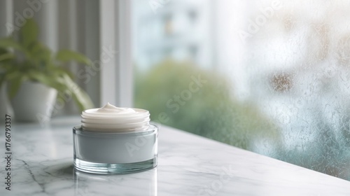 modern skincare scene with open jar of moisturizing cream on white marble surface, frosty window blurred in background, minimalistic composition
