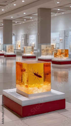 Insect Fossil Encased in Amber Like Resin Displayed in Museum Exhibit with Soft Lighting and Shallow Depth of Field
