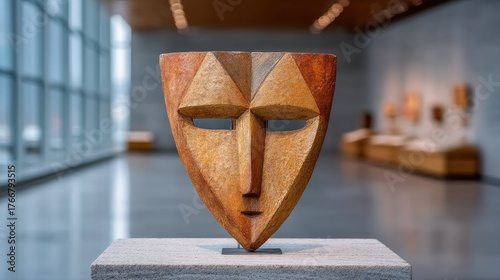 Intricate Golden Tribal Mask Sculpture Displayed in a Modern Art Museum Gallery with Soft Ambient Lighting