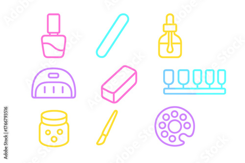 Manicure and nail care tools collection with neon gradient outlines