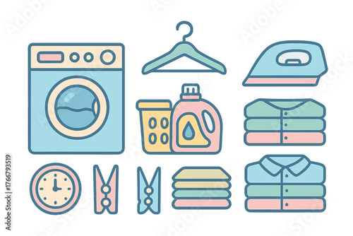 Household laundry care items set with washing machine, detergent bottle, iron, and folded garments