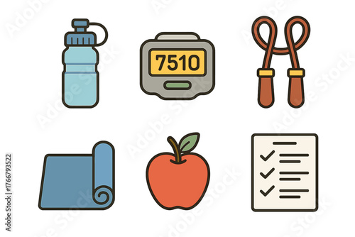 Colorful objects representing fitness, wellness, and healthy living concepts