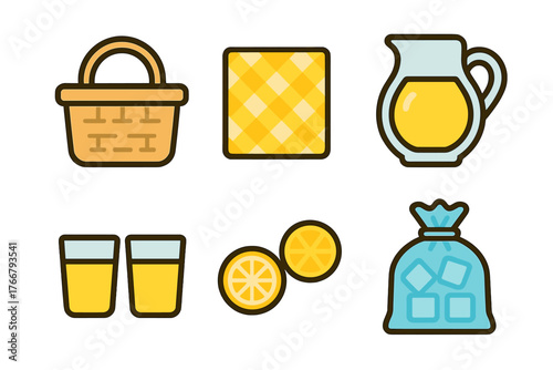 Summer picnic essentials set with basket, checkered blanket, lemonade pitcher, glasses, lemon slices, and ice bag