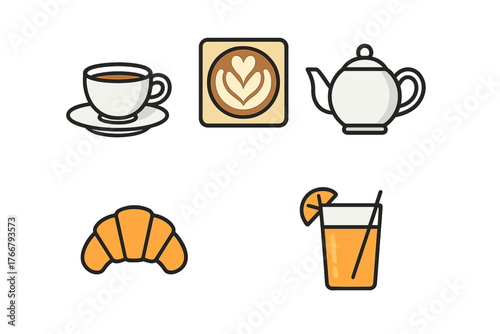 Hot beverages, pastry, and fresh juice items for morning breakfast and cafe