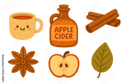 Cozy autumn collection featuring hot drink mug, apple cider, cinnamon, star anise, and fall leaf