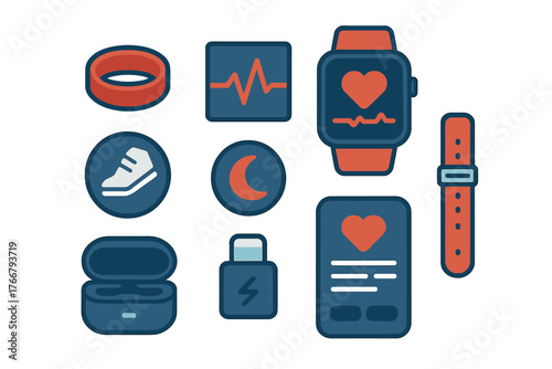 Health and fitness tracking icons set featuring smartwatch, heart rate, sleep, and activity monitors