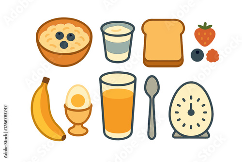 Healthy breakfast assortment featuring fruit, grains, dairy, and protein foods on white background