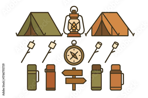 Outdoor adventure gear set with tents, vintage lantern, compass, marshmallows, and insulated bottles